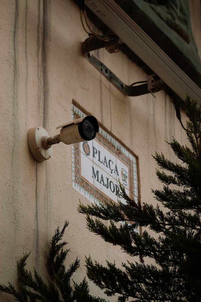 CCTV camera monitoring Plaça Major, providing security and surveillance on a rustic wall.